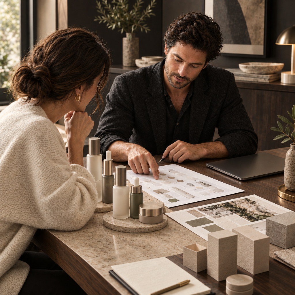 Premium launch consultation with unbranded cosmetic product samples and launch planning materials