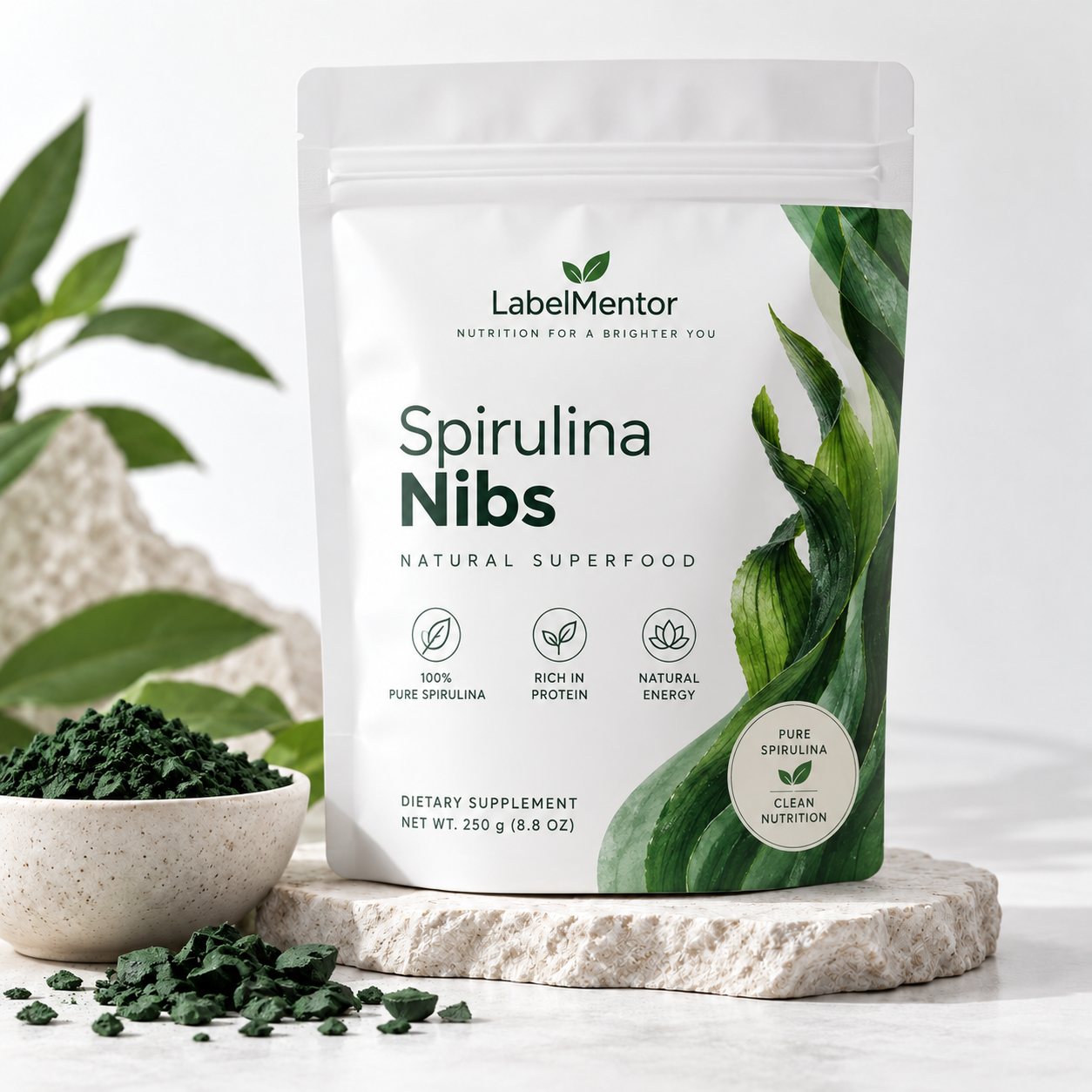 Spirulina nibs concept